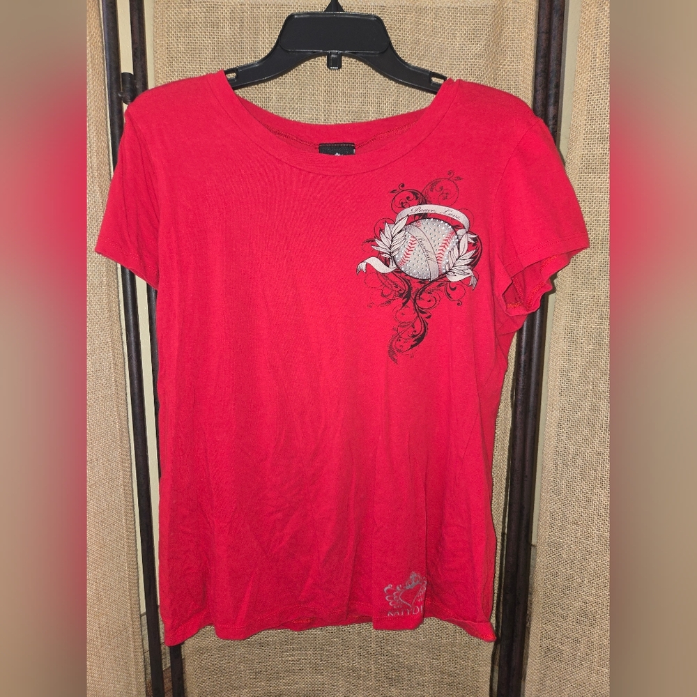 Katydid Red Graphic Peace Love Baseball Women's Top Size 2X